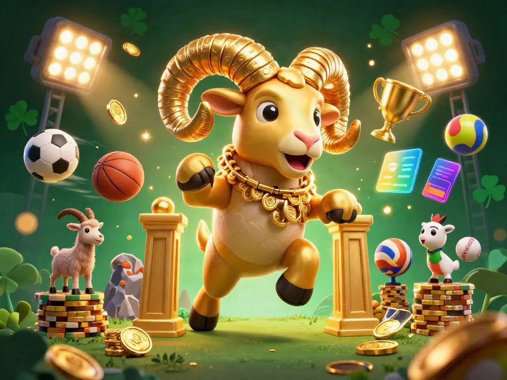 Experience thrilling gaming at nbet with a dynamic scene of a gold ram charging through sports and casino elements.