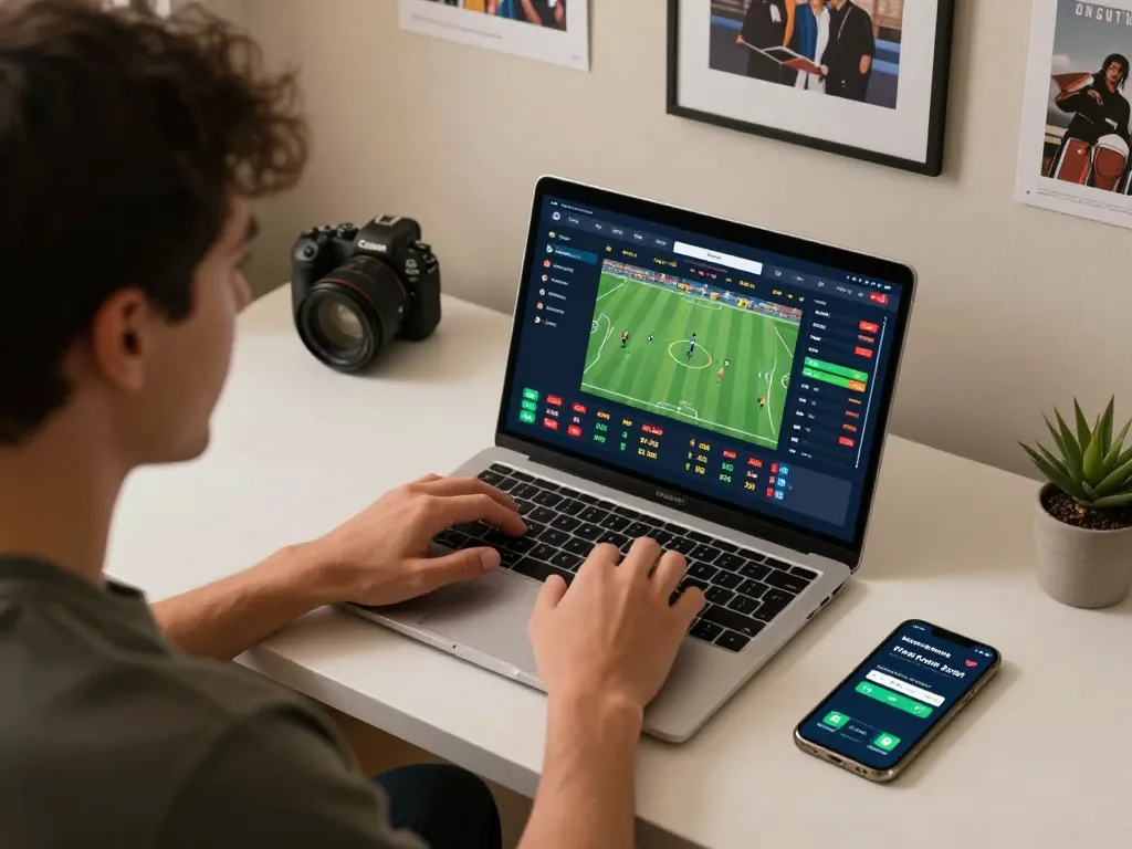 Engaged user placing a bet with nhà cái dn88 on their laptop during an exciting sports event.