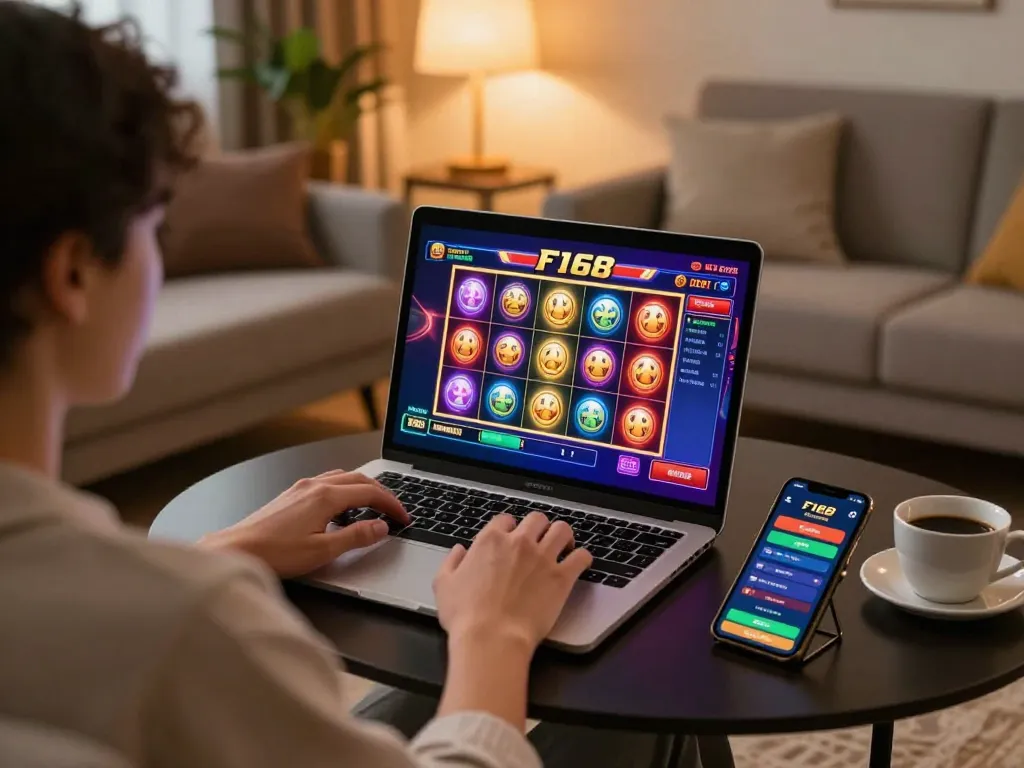 Person engaged in online gambling on f168, viewing slots interface on laptop in a cozy living room.