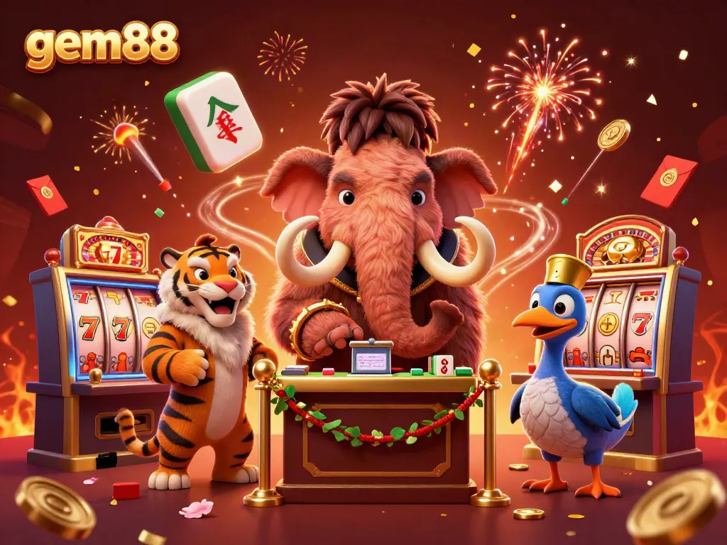 Experience exciting gaming action at gem88, showcasing a vibrant casino scene with unique characters.