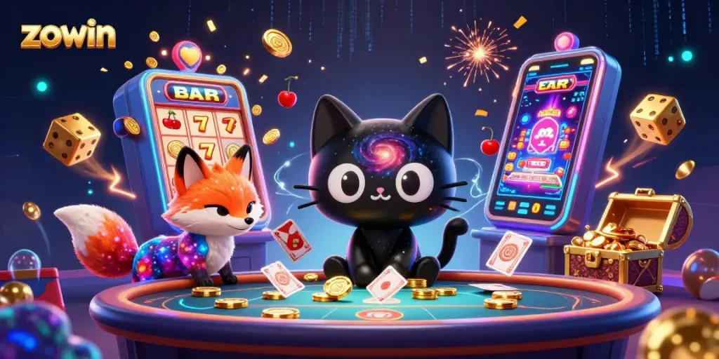 Zowin casino scene with a playful black hole cat attracting chips, surrounded by slot elements and a cosmic backdrop.