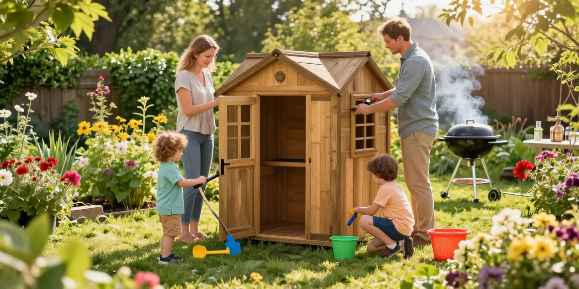 Gartenhaus kaufen und Freude im eigenen Garten erleben, während eine Familie zusammen arbeitet.