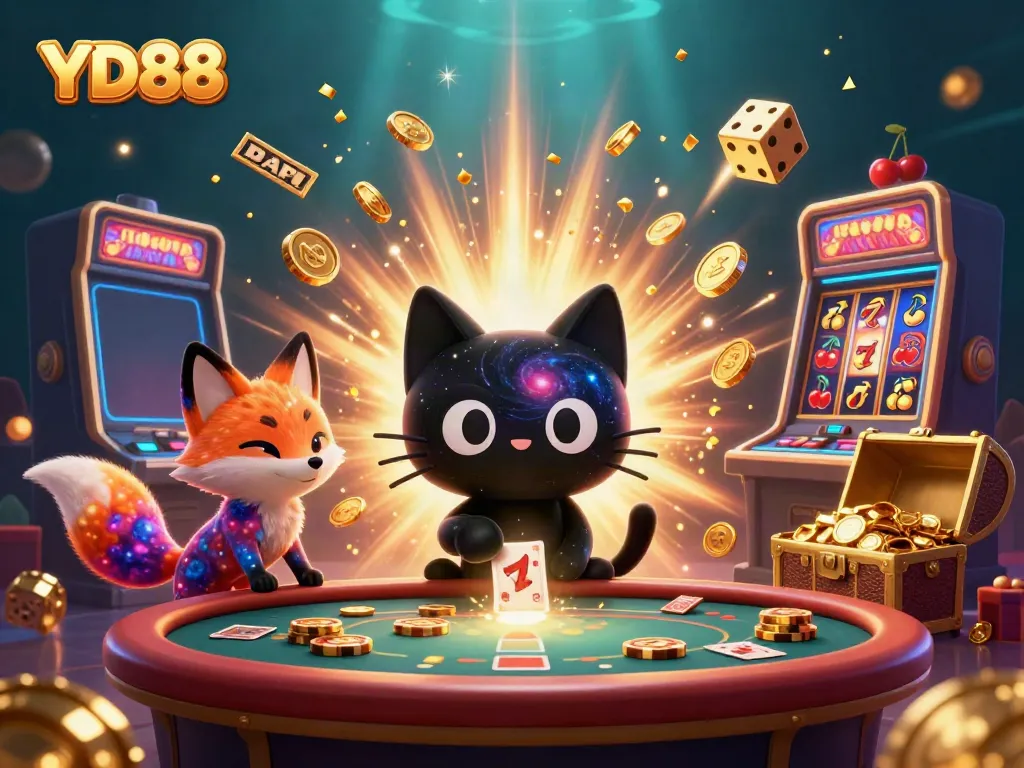 Experience YD88 excitement with a cosmic black hole cat and nebula fox at a stunning casino.