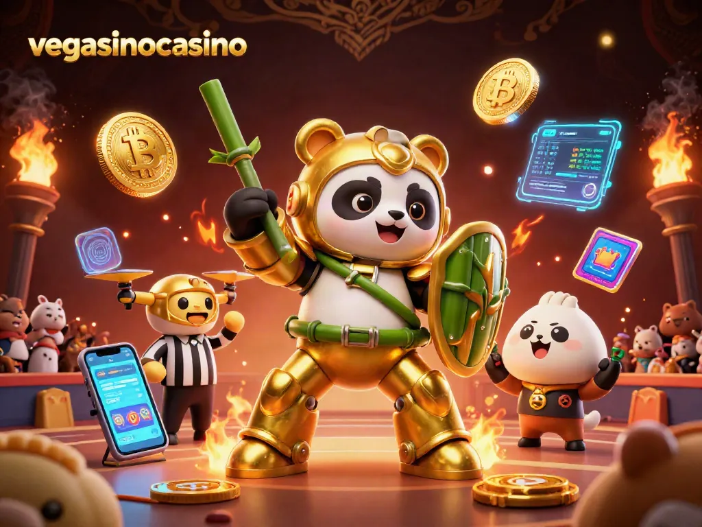 Experience Vegasino Casino strategies with 3D cartoon golden panda in a vibrant casino arena.
