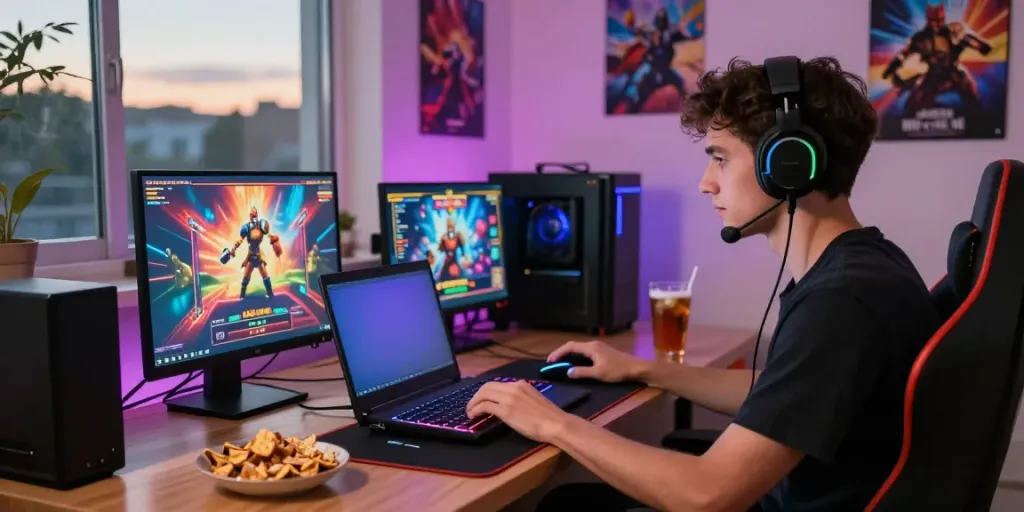 Nohuwin online gaming experience at home featuring colorful game graphics and a cozy atmosphere.