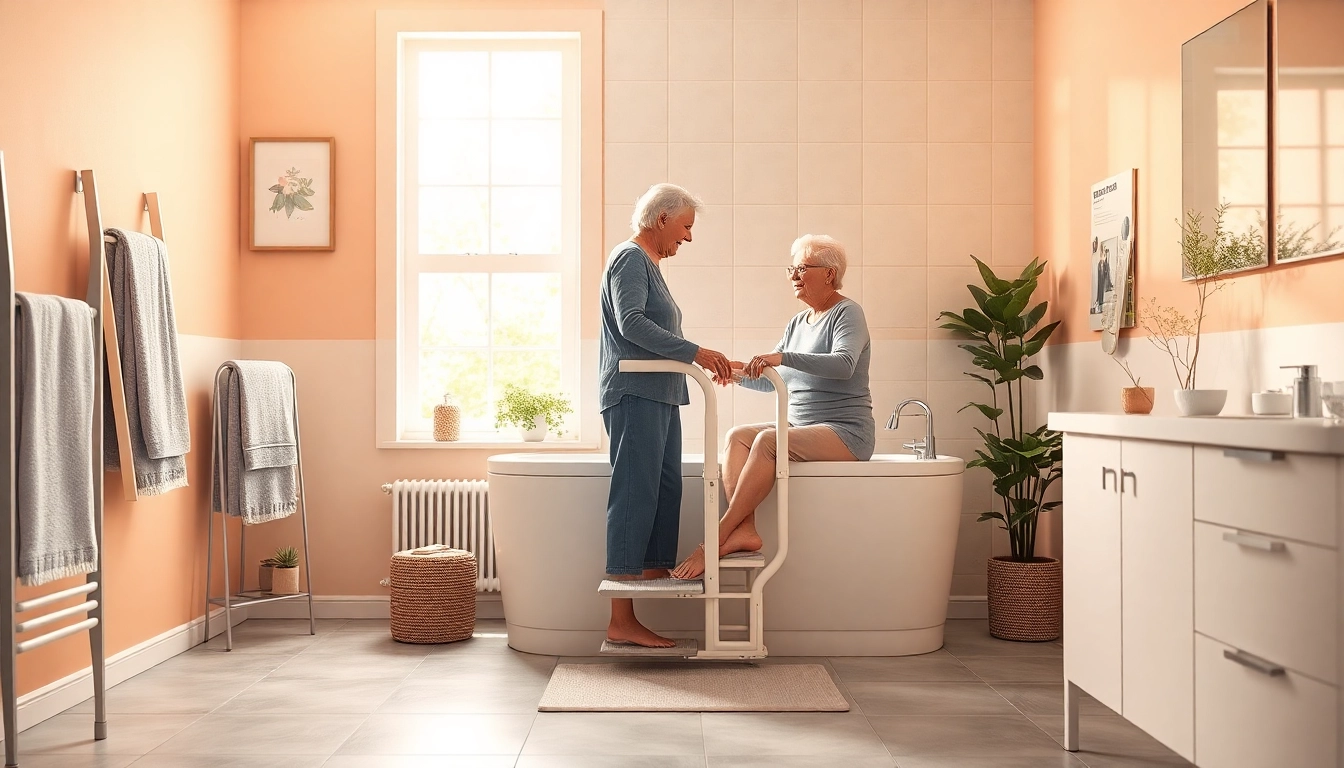 Badehilfen für Senioren in einem modernen Badezimmer mit Badelift und Haltegriffen zur Sicherheit.