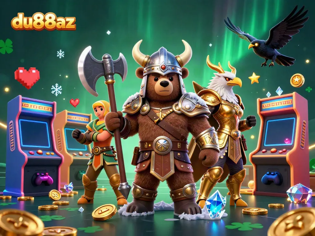 Engage with du88az through an exciting 3D casino scene featuring a Viking bear, Valkyrie eagle, and gaming elements.