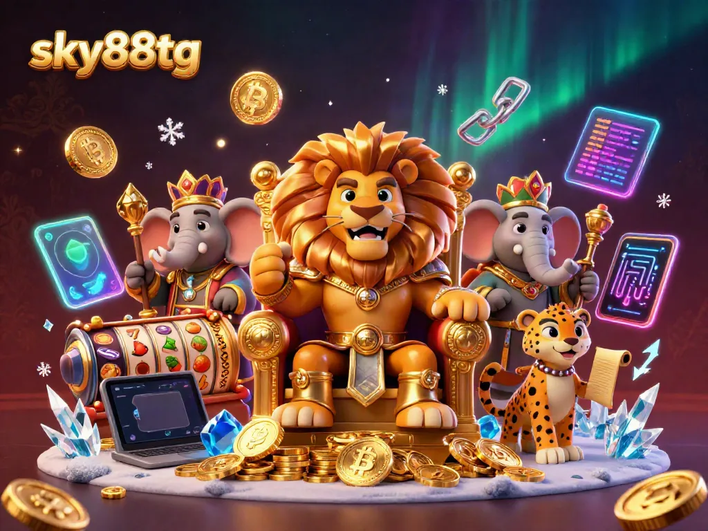 Unleash epic winnings with sky88tg in this vibrant 3D casino adventure featuring a lion king and slot elements.