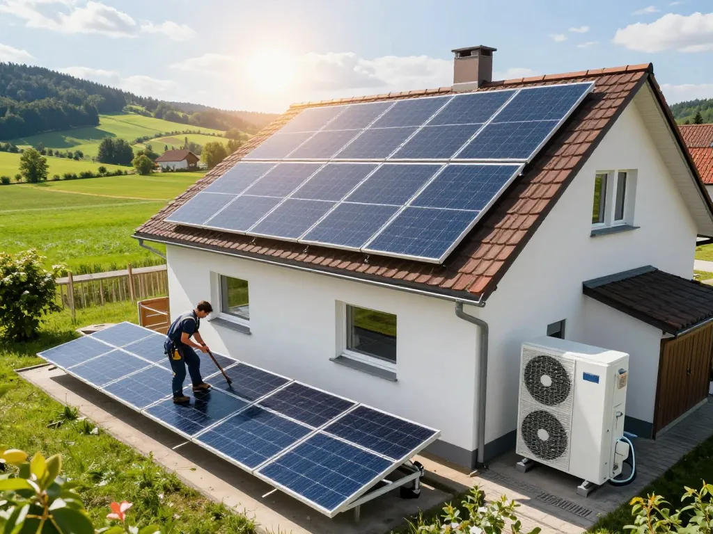 Photovoltaik Bayern Installation mit Techniker auf sonnigem bayerischen Dach, das Solarpanels und Wärmepumpen zeigt.