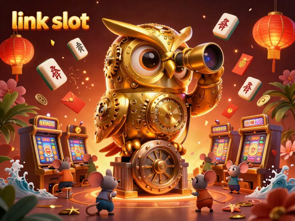 Experience the thrill of link slot with golden owls and animated mice in a vibrant casino scene
