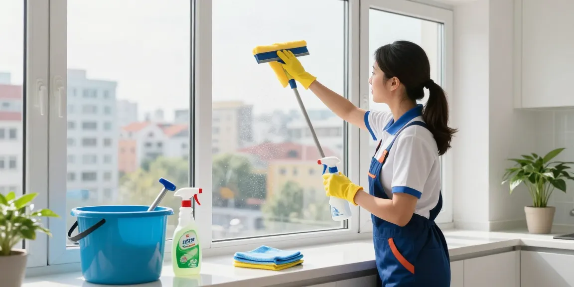 Professioneller Reiniger demonstriert Offerten Reinigungstechniken und sorgt für streifenfreie Fenster in einer hellen städtischen Umgebung.
