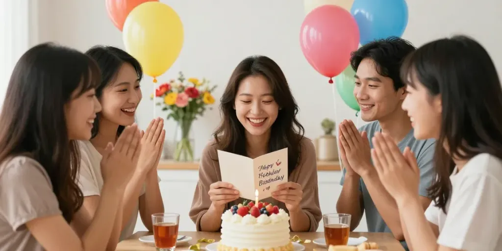 Een vrouw die een persoonlijke verjaardagsgroet formuleert tussen haar vrienden, met een feestelijke sfeer.
