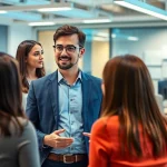 Headhunter IT in a modern office discussing job opportunities with IT professionals.