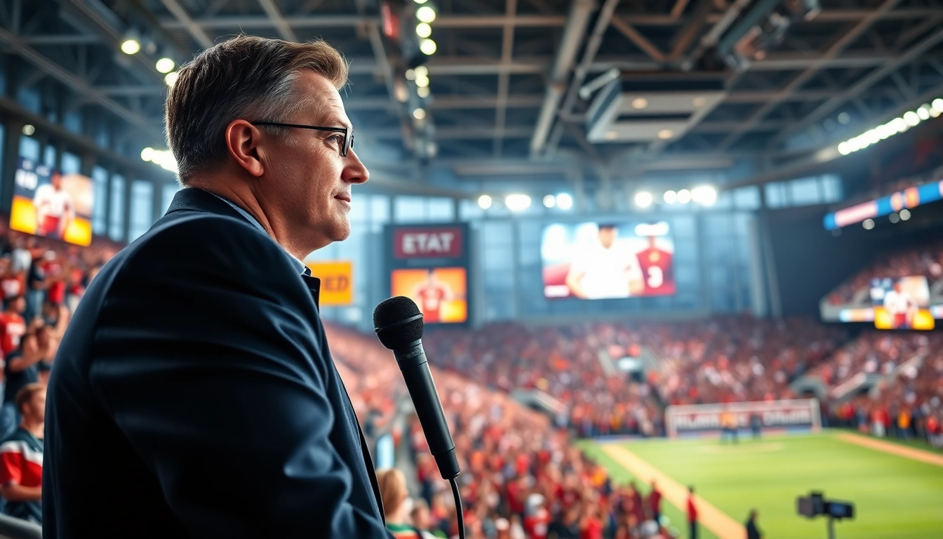 Exciting sports broadcasting scene with a professional announcer at a lively event.