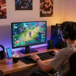 Engaging in an online porn game within a cozy gaming room setting.