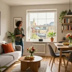 Airbnb management Oxford scene with a welcoming local host in a cozy living room, showcasing ideal hosting environment.