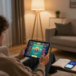 Engaging in game tài xỉu online on a tablet in a cozy living room setup with strategic notes visible.