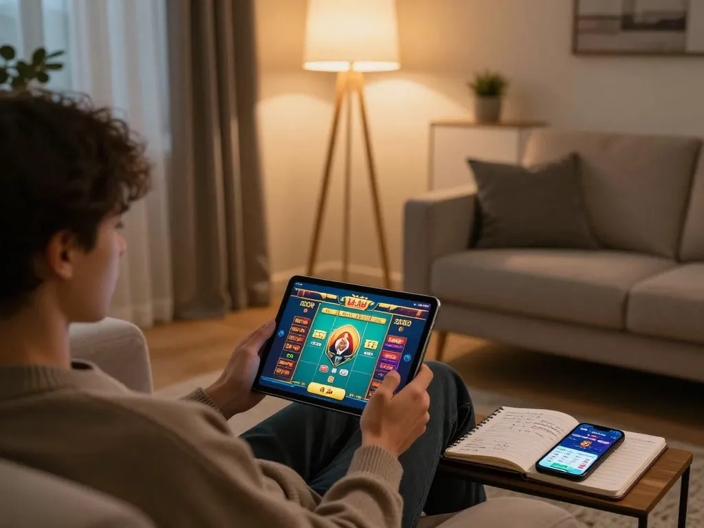 Engaging in game tài xỉu online on a tablet in a cozy living room setup with strategic notes visible.