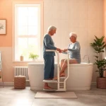Badehilfen für Senioren in einem modernen Badezimmer mit Badelift und Haltegriffen zur Sicherheit.