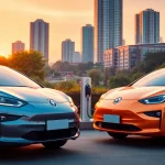 Elektroautos in einer modernen Stadt bei Sonnenuntergang, die umweltfreundliche Technologie präsentieren.