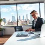 Immobilienmakler Frankfurt Riedberg präsentiert Angebote an einem modernen Schreibtisch.