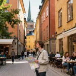 Reisetipps Stockholm: Ein Reisender genießt den historischen Charme von Gamla Stan, mit Außenkaffees und lebendiger Architektur.