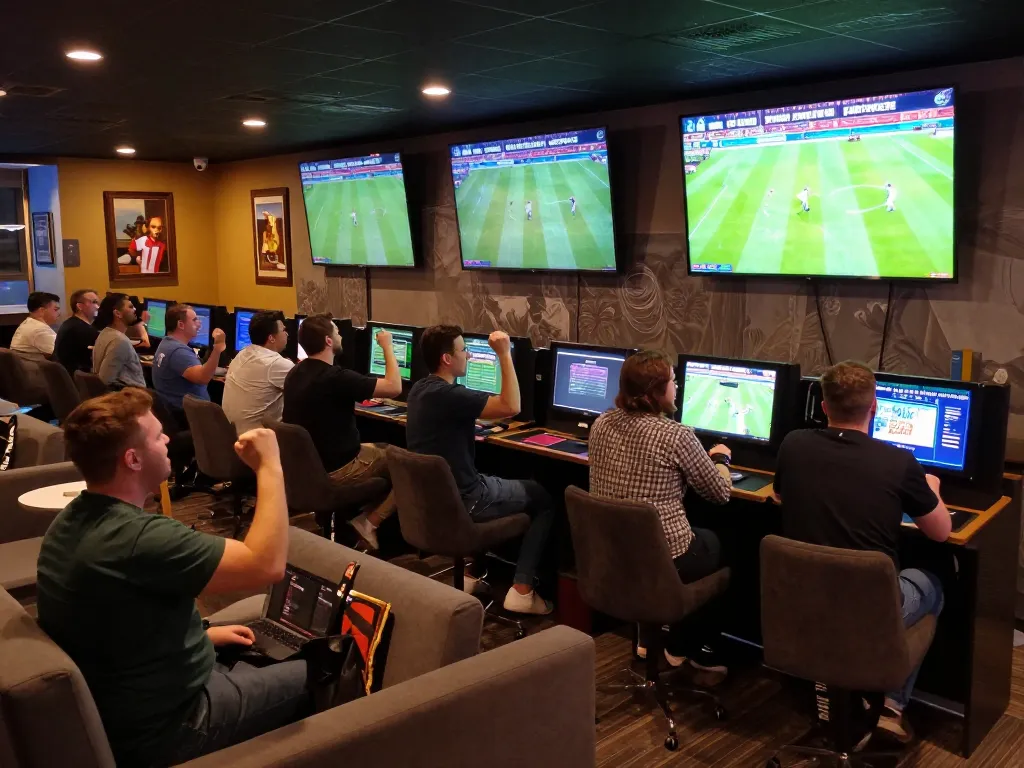 Tỷ lệ bóng đá kèo nhà cái showcased in an exciting sports betting lounge filled with fans placing bets on live matches.