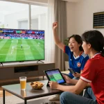 SBOBET excited sports betting scene with young couple watching live match in modern living room.