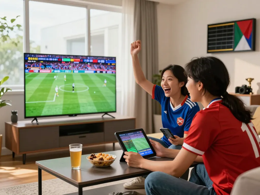 SBOBET excited sports betting scene with young couple watching live match in modern living room.