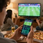 Live football betting on keo nha cai 5 shown on smartphone during an exciting match with friends.