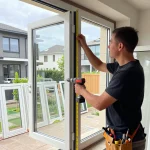 Qualifizierter Installateur demonstriert Fensterbau Düsseldorf mit modernem Fenster im Düsseldorfer Stadtteil