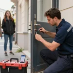 Professioneller Schlüsseldienst, der einen beschädigungsfreien Service für den Schlüsseldienst Speyer in einer städtischen Umgebung durchführt, um Fachwissen und Kundenengagement zu demonstrieren.