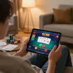 Person playing SC88 online casino on a tablet in cozy living room setting, showcasing gaming atmosphere.