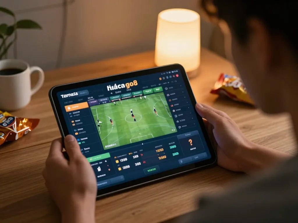 Engaged player using sports betting app at nhà cái go8, focused on live match updates.