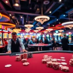 Spielen von casinospielen an einem eleganten Poker-Tisch in einem lebhaften Casino.