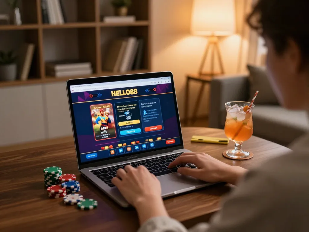 Engaging online gameplay at HELLO88 casino, showcasing user strategy and excitement in a cozy home setting