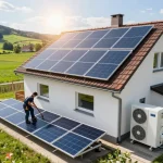 Photovoltaik Bayern Installation mit Techniker auf sonnigem bayerischen Dach, das Solarpanels und Wärmepumpen zeigt.