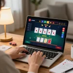 Kkwin user enjoying a live blackjack game on a laptop at home, showcasing an engaging online gambling experience.