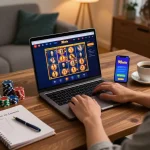Engaging with 98win casino on laptop, showcasing vibrant gaming atmosphere and strategy notes.