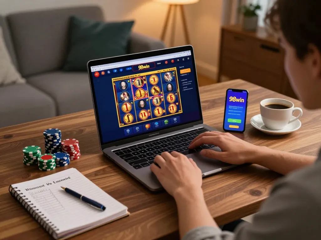 Engaging with 98win casino on laptop, showcasing vibrant gaming atmosphere and strategy notes.