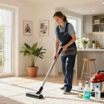 Professional cleaner in action at a bright home, showcasing services by putzinstitut bern.