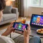 The 789win app offers exciting online gaming on a smartphone, showcasing vibrant visuals in a cozy home setting.
