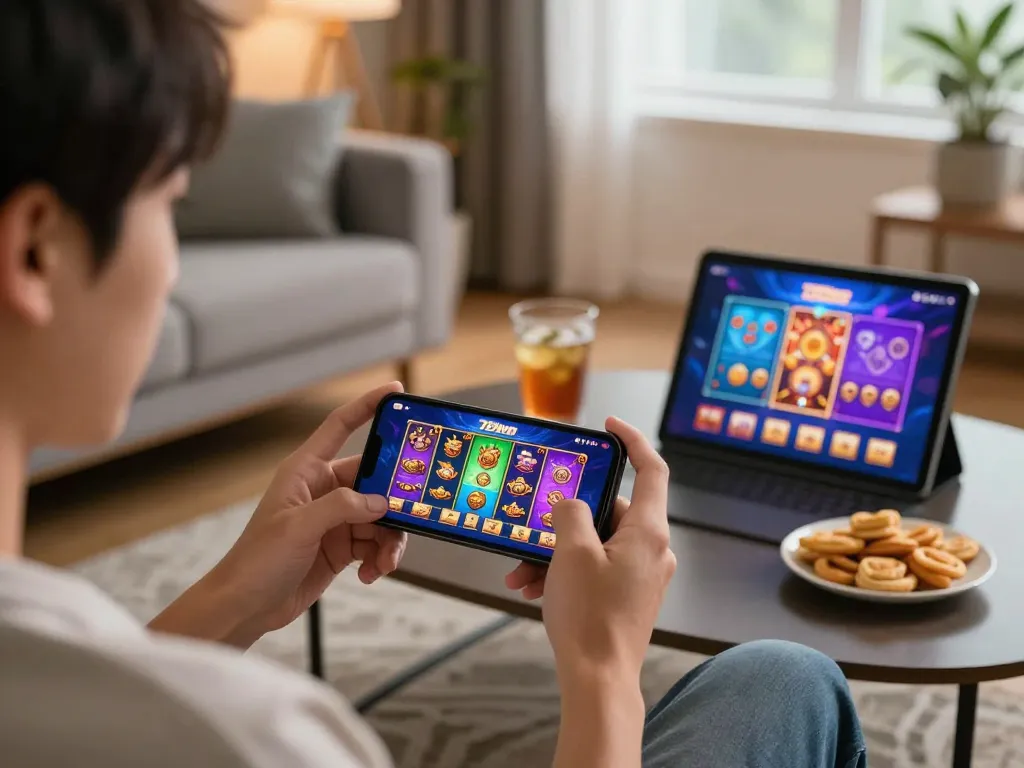 The 789win app offers exciting online gaming on a smartphone, showcasing vibrant visuals in a cozy home setting.