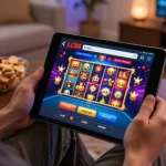 Engaging scene of a player on LC88 Đăng nhập enjoying online casino gaming with a tablet.