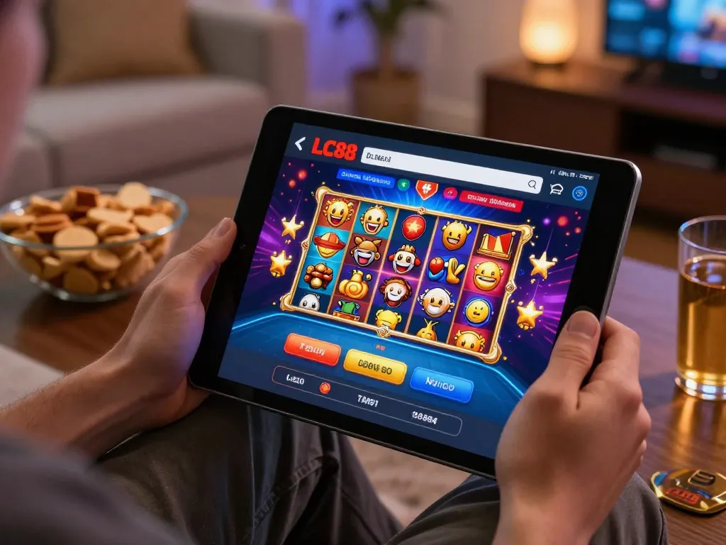 Engaging scene of a player on LC88 Đăng nhập enjoying online casino gaming with a tablet.