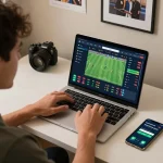 Engaged user placing a bet with nhà cái dn88 on their laptop during an exciting sports event.