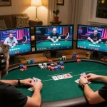 Experience thrilling online poker action with link lc88 displayed on a laptop screen in a cozy home environment.