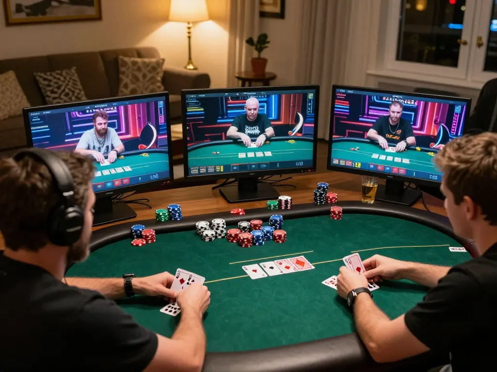 Experience thrilling online poker action with link lc88 displayed on a laptop screen in a cozy home environment.