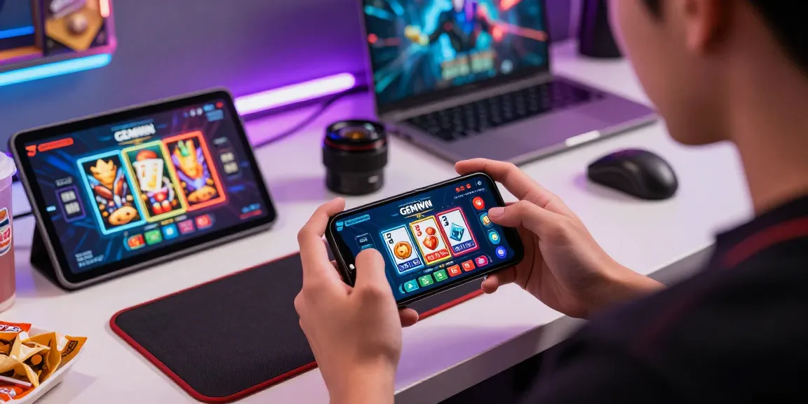 Exciting online gaming atmosphere featuring GEMWIN interface on smartphone, showcasing a vibrant gaming setup.