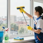 Professioneller Reiniger demonstriert Offerten Reinigungstechniken und sorgt für streifenfreie Fenster in einer hellen städtischen Umgebung.